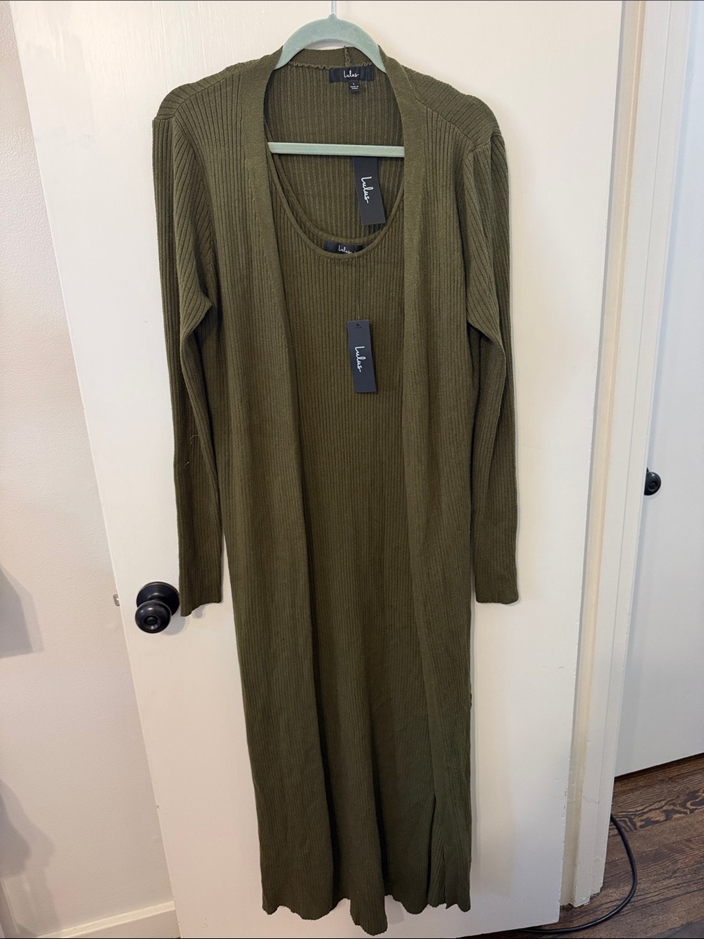 NWT Lulu’s Olive Green Ribbed Long Sleeve Maxi Dress & Duster set